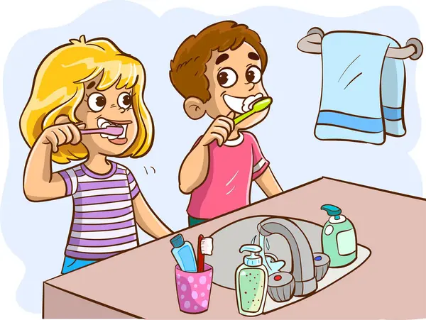 Ilustracja Kreskówki Dzieci Mycie Zębów — Wektor stockowy