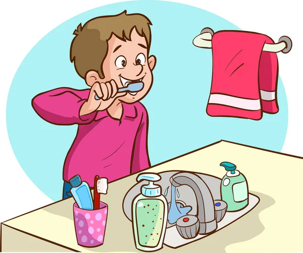 Ragazzo Dei Cartoni Animati Bambini Lavarsi Denti — Vettoriale Stock