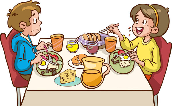 illustration of a children eating breakfast at the table