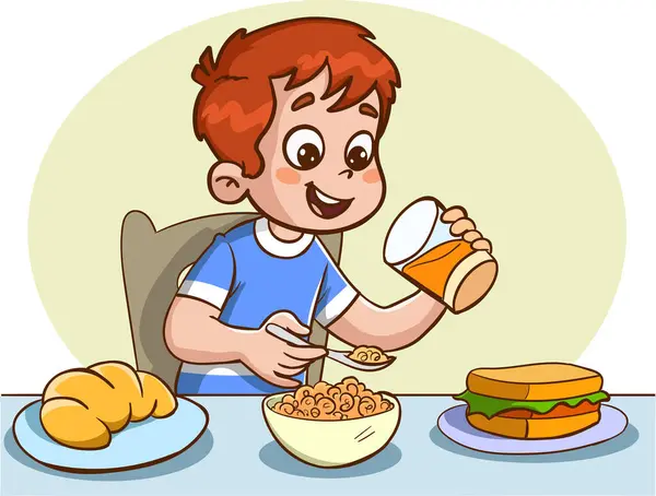 白い背景のイラストで朝食を食べる少年 — ストックベクタ
