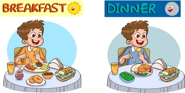 Crianças Tomando Café Manhã Jantar Cartoon Vector — Vetor de Stock