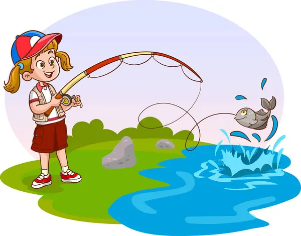 Cute Kids Character Holding a Fishing Rod Stock Vector