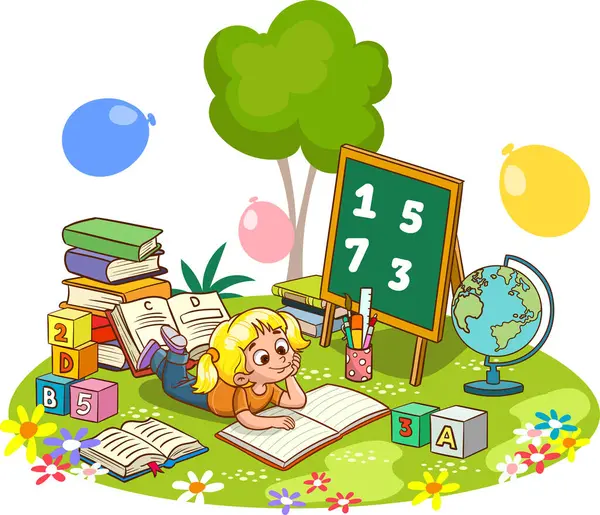 Children Reading Book Park — Stock Vector