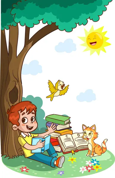 Boy Cat Reading Book Illustration — Stock Vector