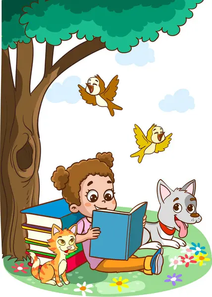 Girl Reading Book Park Illustration — Stock Vector