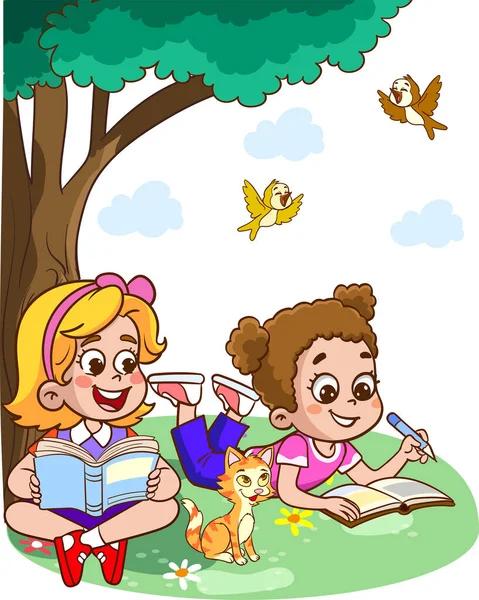 Illustration Girls Book Tree White Background — Stock Vector