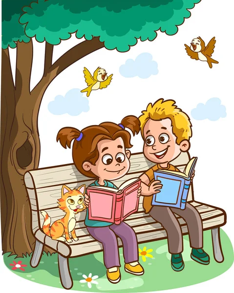 Illustration Boy Girl Reading Book — Stock Vector