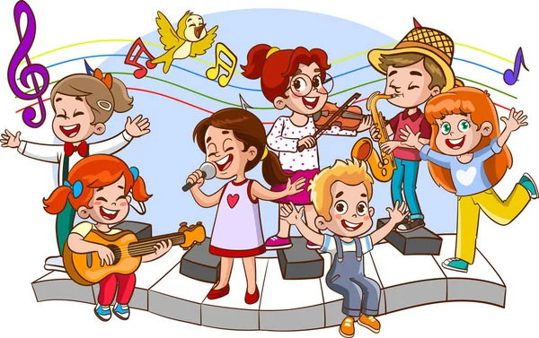 Niños Cantando Bailando — Vector de stock