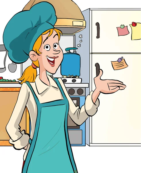 Ilustración Cocina Femenina Feliz Chef — Vector de stock