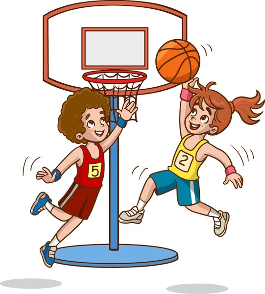 Two Kids Playing Basketball Cartoon Illustration — Stock Vector