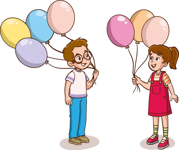 Illustration Eines Mädchens Und Eines Jungen Mit Luftballons — Stockvektor