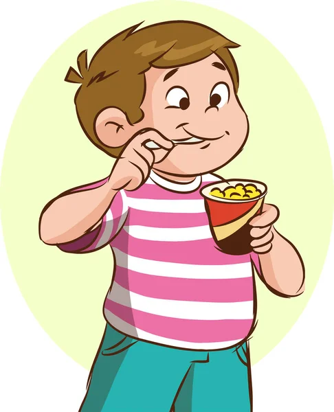 Ilustração Jovem Menino Feliz Comer Milho Comer Uma Pipoca — Vetor de Stock