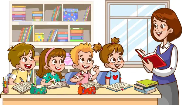 Illustration Lycklig Lärare Klassrummet Med Böcker — Stock vektor