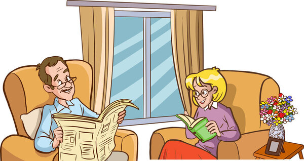 illustration of two elderly men reading a newspaper at home