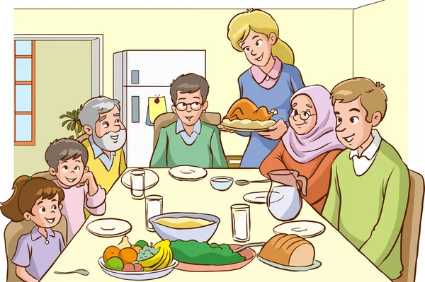 Vektor Bild Familjen Vid Bordet Köket — Stock vektor