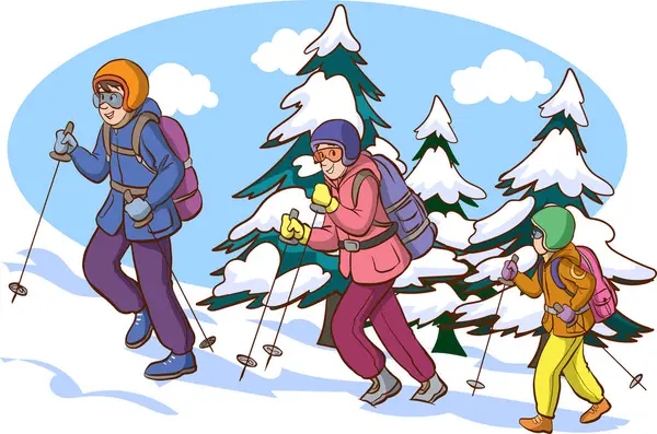 Feliz Pareja Personas Esquiando Con Mochilas — Vector de stock
