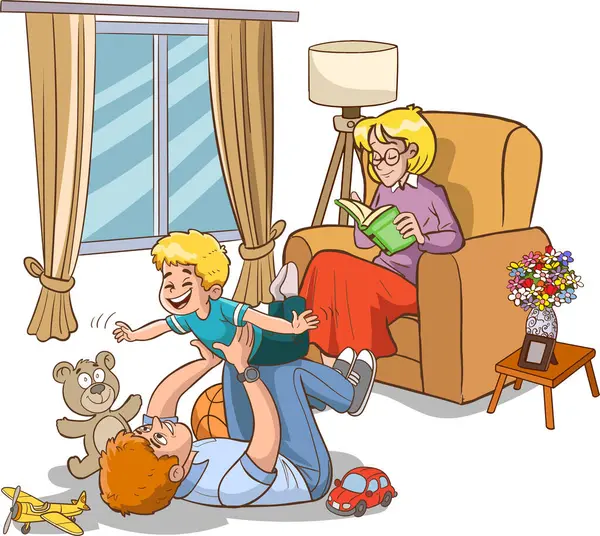Οικογενειακή Ανάγνωση Βιβλίων Στο Σπίτι Εικονογράφηση — Διανυσματικό Αρχείο