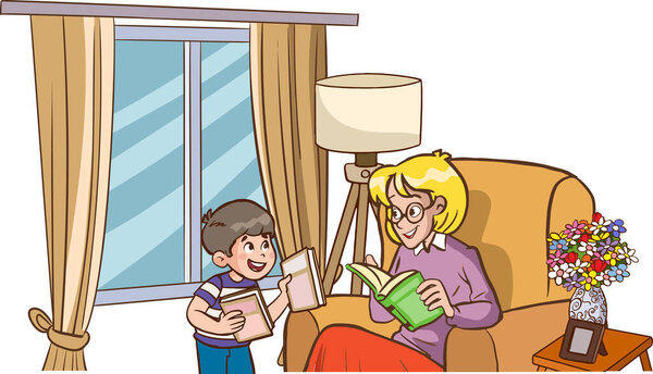 vector illustration of cartoon family reading book at home