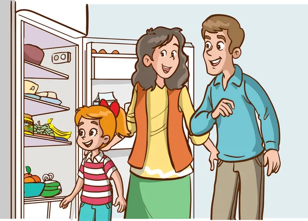 冷蔵庫にいる幸せな家族 ベクトルイラスト お母さんと娘さん — ストックベクタ