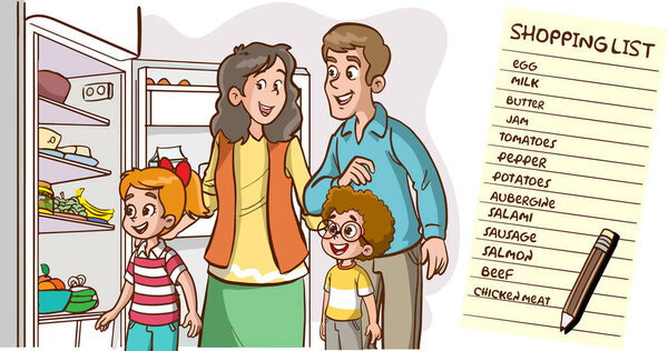 family looking at missing foods in fridge and making shopping list