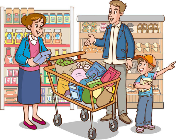 family doing shopping with supermarket cart