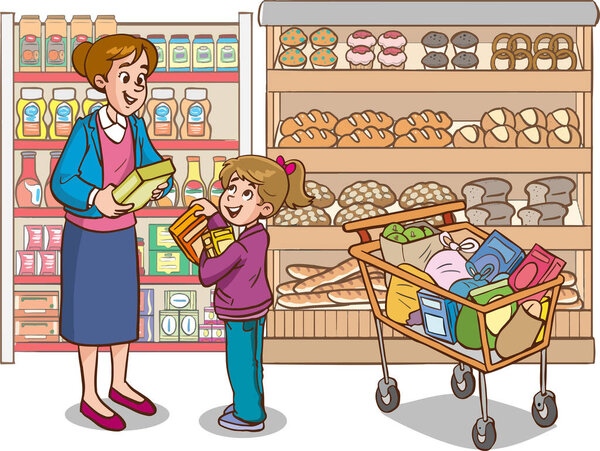 illustration of a mother and daughter shopping at the supermarket