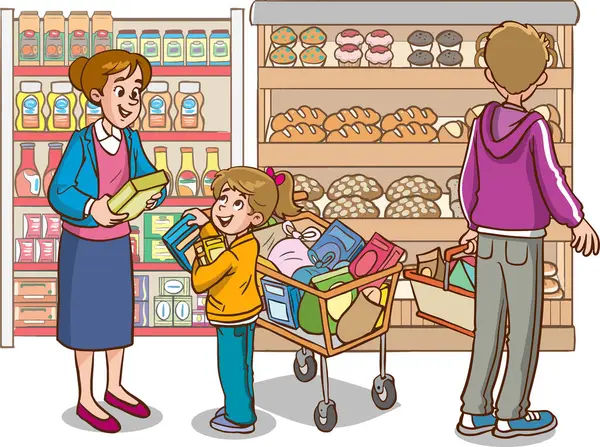 family buying food at grocery store.