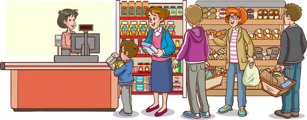 Famiglia Dei Cartoni Animati Shopping Supermercato — Vettoriale Stock