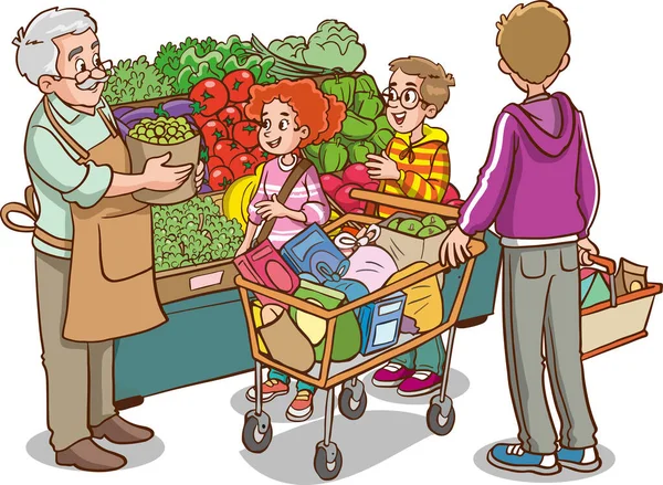 Famiglia Che Compra Verdure Fresche — Vettoriale Stock