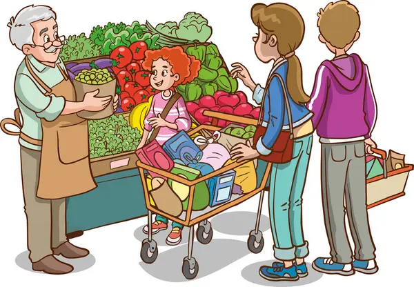 Baba Çocuklar Süpermarkette — Stok Vektör