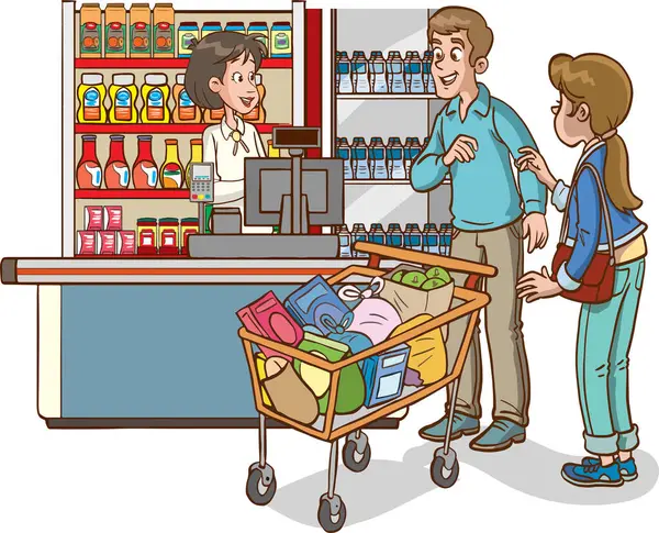 Illustration Family Shopping Supermarket — Stock Vector