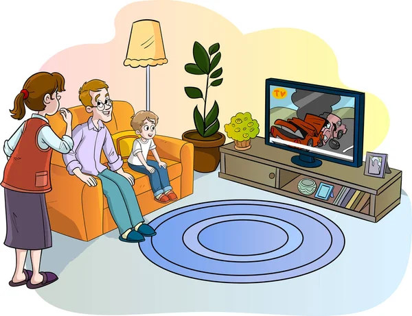 部屋のイラストでテレビを見ている家族 — ストックベクタ