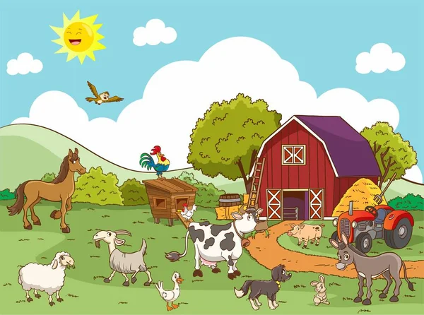 Cartoon Scene Voor Gelukkige Dieren Boerderij — Stockvector