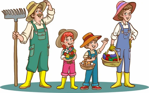 Vektor Cartoon Illustration Kinder Vater Und Kinder Bauernfamilie — Stockvektor