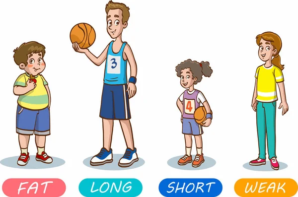 スポーツ用品 ベクターイラスト付きの少年少女の漫画のキャラクター 脂肪長い弱いショート — ストックベクタ