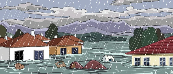 Vector Illustration Cartoon House River Mountains Storm — Stock Vector