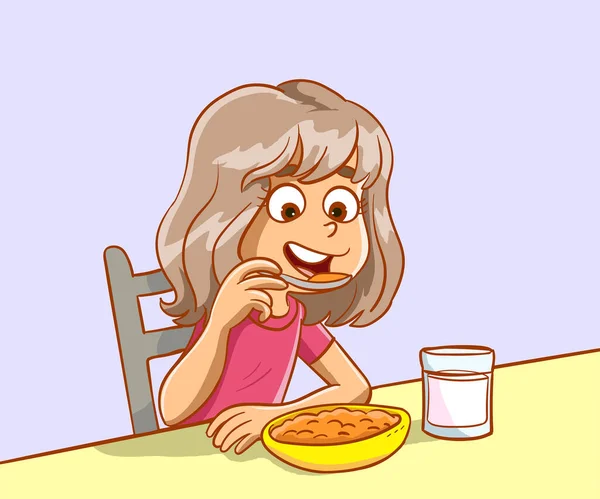 テーブルで朝食を食べる少女のイラスト — ストックベクタ