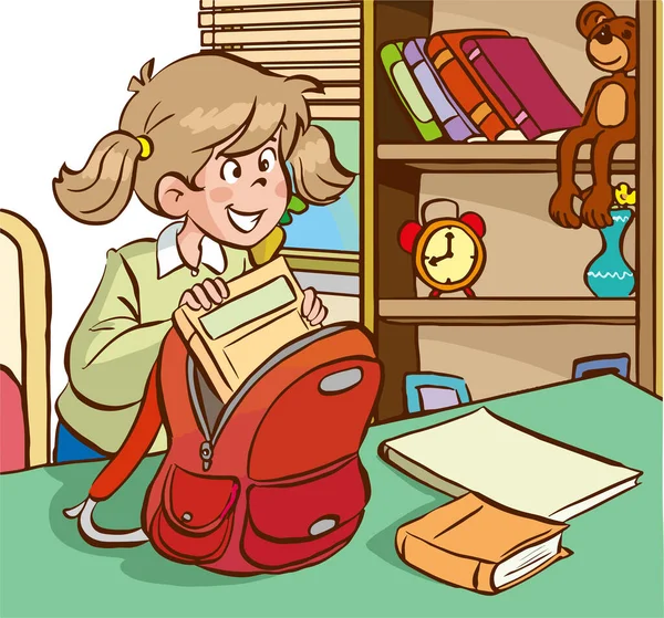 Illustration Girl Backpack Stack Books Wooden Table — Stock Vector