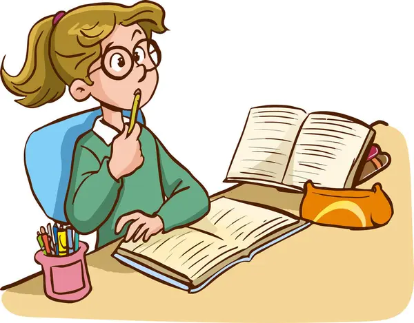 Kreslený Postava Dívky Brýlemi Čtení Knihy Posezení Stolu — Stockový vektor