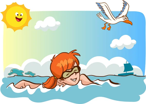 Cartoon Illustration Ein Mädchen Bikini Mit Einem Vogel Meer — Stockvektor