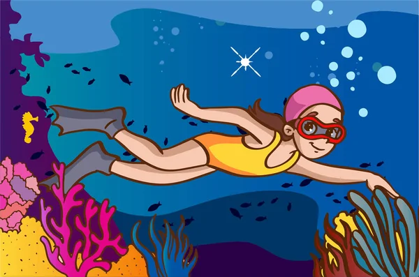 Illustration Diver Sea Sun — Stock Vector