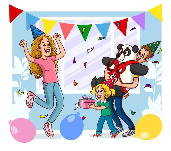 Bambini Felici Che Festeggiano Compleanno — Vettoriale Stock