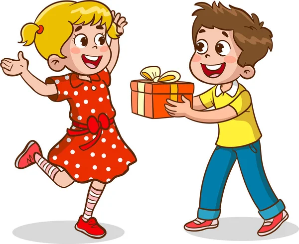 Illustration Eines Zeichentrickkindes Das Dem Mädchen Eine Geschenkbox Schenkt — Stockvektor