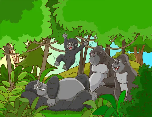 Απεικόνιση Μιας Ομάδας Πιθήκων Στη Ζούγκλα — Διανυσματικό Αρχείο