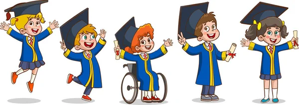 Enfants Dessin Animé Dans Les Casquettes Graduation — Image vectorielle