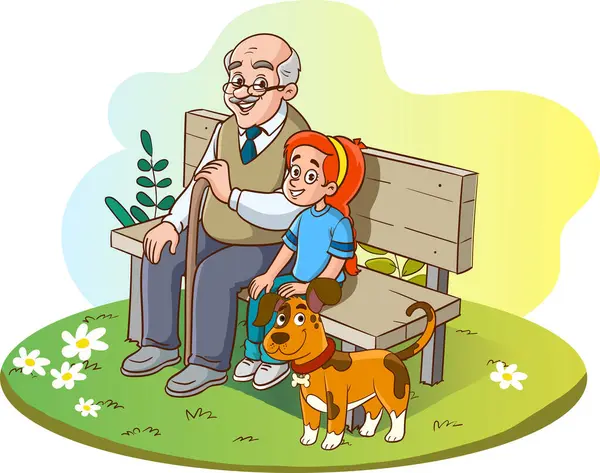 坐在轮椅上的老人和他的狗 — 图库矢量图片
