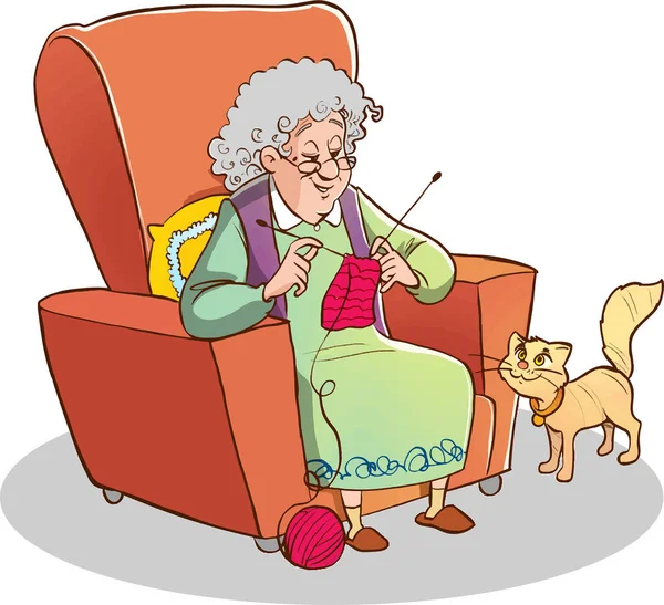 Anciana Sentada Suelo Con Tejido — Vector de stock