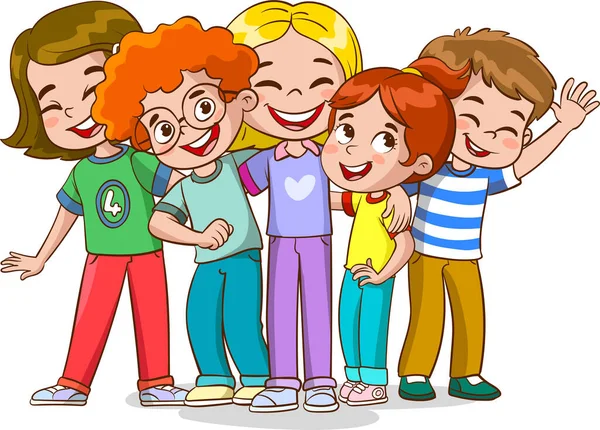 Cute Happy Kids Hugging Smiling Standing Together Diverse Children Group — Stock Vector