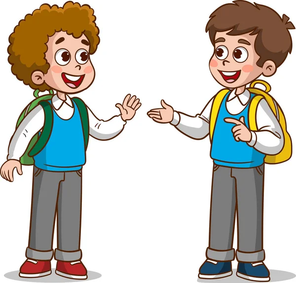 幸せなかわいい子供の男の子と少女はお互いに話しています 小さな子供は友人に挨拶し 一緒に学校に行きます — ストックベクタ