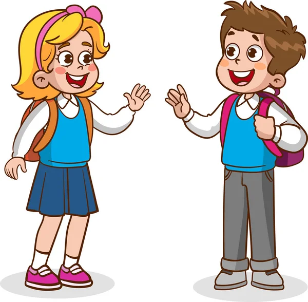 幸せなかわいい子供の男の子と少女はお互いに話しています 小さな子供は友人に挨拶し 一緒に学校に行きます — ストックベクタ